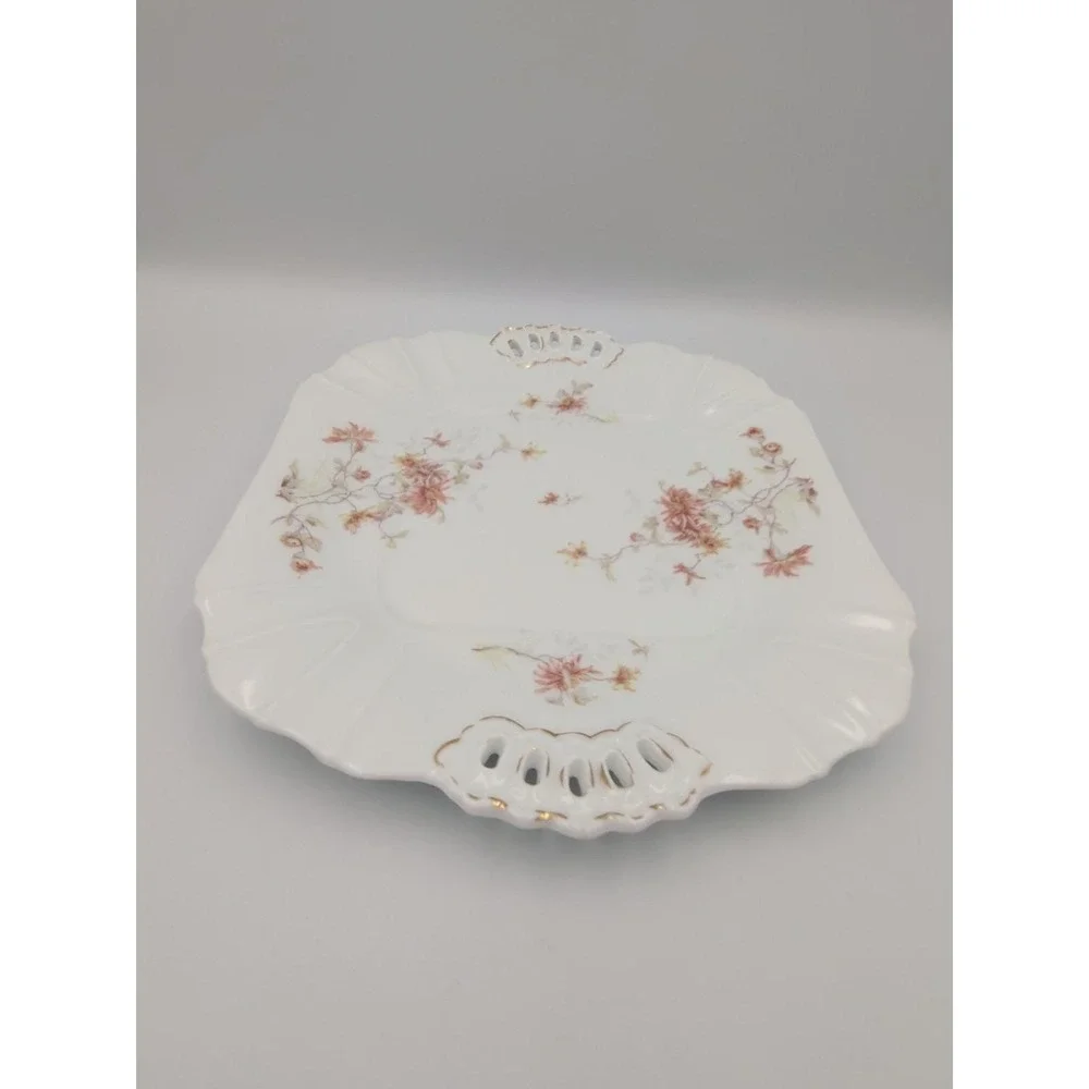 Vintage Leonard Vienna, Austria Porcelain Serving Plate, Floral w Cutout Handles